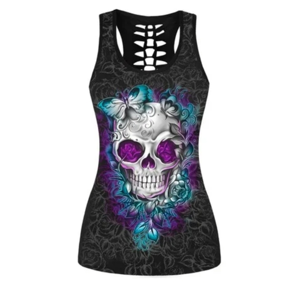 Tops - Black, purple, blue & white skull tank top